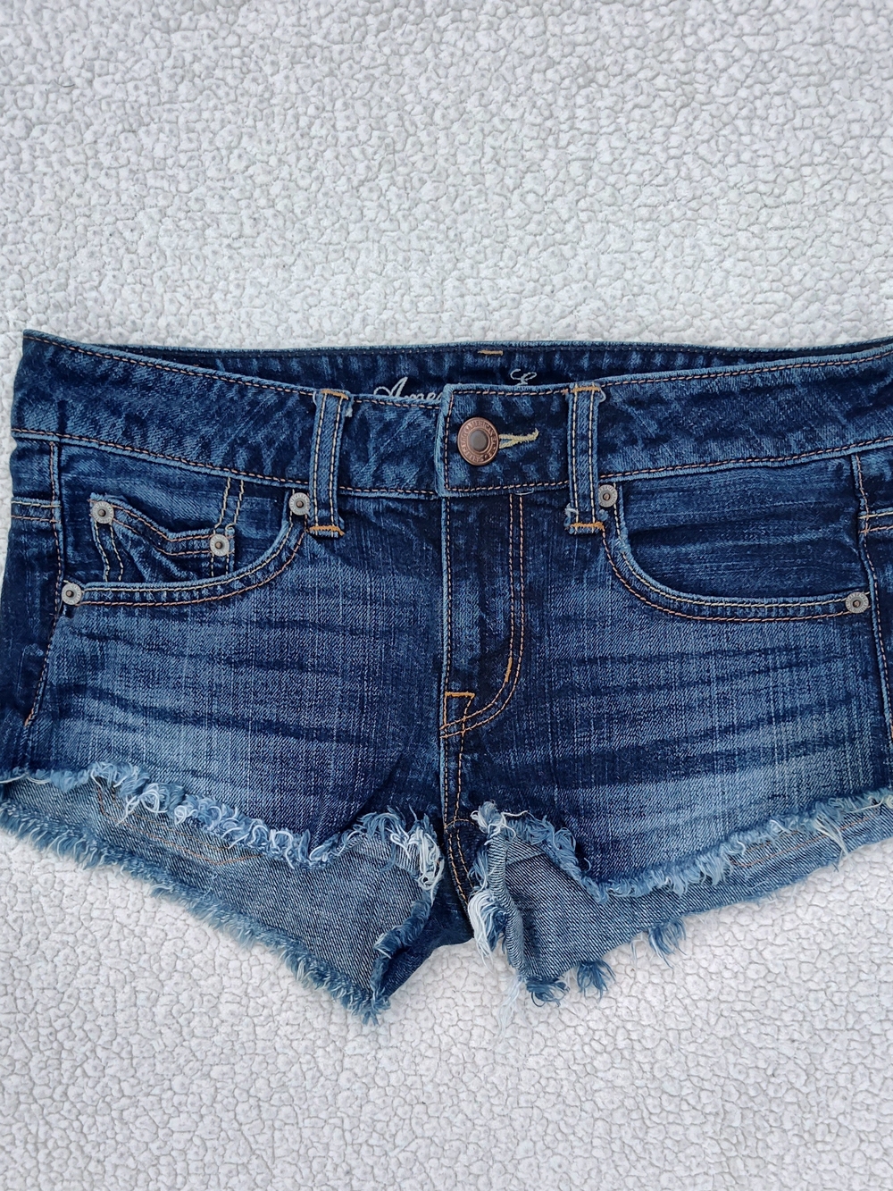 American Eagle Dark Blue Jean Frayed Hem Denim Low Rise Waist Booty Micro Shorts